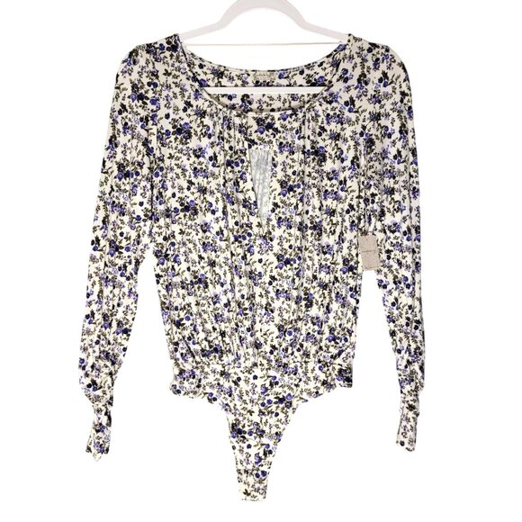 Free People Intimately Free Kaya Print Cutout Bodysuit Blue Micro Floral Fairy - Picture 5 of 13